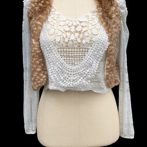 White Lace Top with Faux Fur Accent
